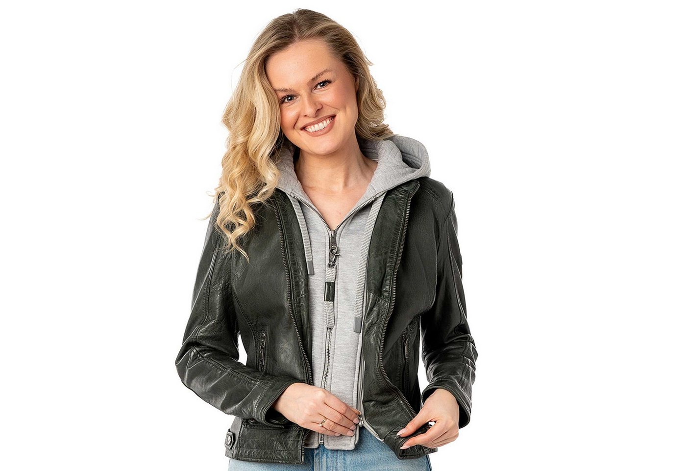 Mauritius Lederjacke MWAleni Mauritius - Damen Lederjacke Lammnappa Kapuze dark olive von Mauritius