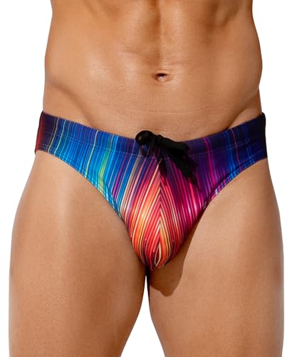 Mauro Kane Badeslip Herren Badehose Slip Eng Kurz Badeshorts mit Tunnelzug Schwimmhose Swimming Brief Farbige Linien M von Mauro Kane