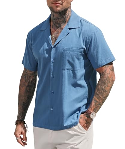 Mauro Kane Leinenhemd Herren Kurzarm Hemd Baumwolle Freizeithemd Strandhemd Casual Shirt Regular Fit Shirt Dunkelblau L von Mauro Kane