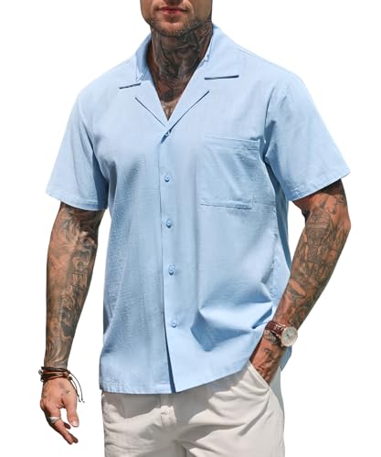 Mauro Kane Leinenhemd Herren Kurzarm Hemd Baumwolle Freizeithemd Strandhemd Casual Shirt Regular Fit Shirt Hellblau M von Mauro Kane