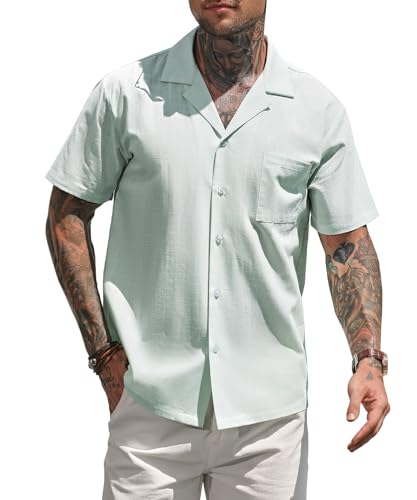Mauro Kane Leinenhemd Herren Kurzarm Hemd Baumwolle Freizeithemd Strandhemd Casual Shirt Regular Fit Shirt Hellgrün XL von Mauro Kane