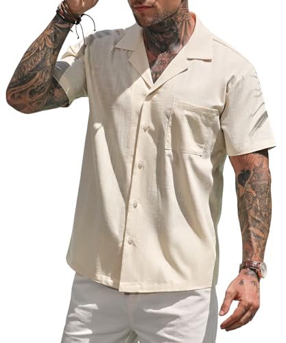 Mauro Kane Leinenhemd Herren Kurzarm Hemd Baumwolle Freizeithemd Strandhemd Casual Shirt Regular Fit Shirt Khaki L von Mauro Kane
