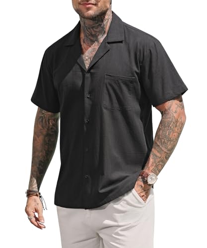Mauro Kane Leinenhemd Herren Kurzarm Hemd Baumwolle Freizeithemd Strandhemd Casual Shirt Regular Fit Shirt Schwarz L von Mauro Kane
