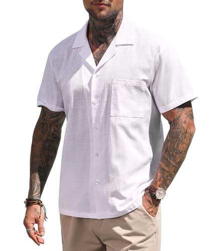 Mauro Kane Leinenhemd Herren Kurzarm Hemd Baumwolle Freizeithemd Strandhemd Casual Shirt Regular Fit Shirt Weiß XL von Mauro Kane