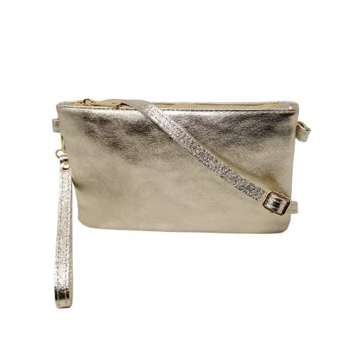 Mauro Pelletteria Damen-Clutch mit Schultergurt, Clutch-Tasche für Damen, elegant, aus weichem Echtleder, hergestellt in Italien, Clutch-Taschen, Modell Mya, Platin-Gold von Mauro Pelletteria