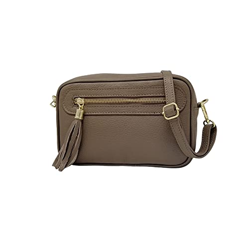 Mauro Pelletteria Damen Handy Umhängetasche aus echtem Leder – 100% Made in Italy – Klein, mit 2 Fächern – Verstellbarer Schultergurt – Premium Handarbeit aus Florenz (Taupe) von Mauro Pelletteria