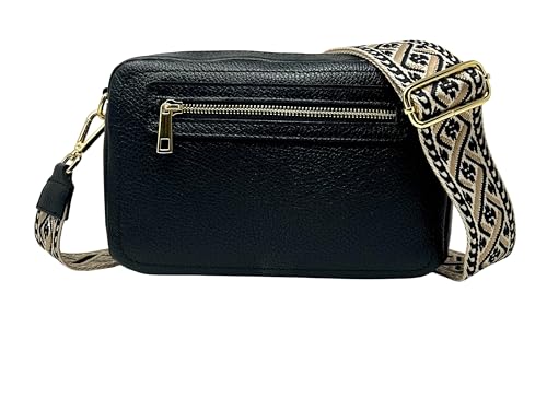 Schultertasche aus echtem Leder, Vollständig in Italien hergestellt, Ausgestattet mit zwei austauschbaren Schultergurten (Schwarz) von Mauro Pelletteria