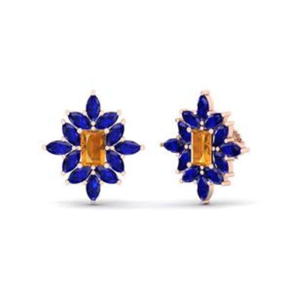 Natürliche Citrin Und Blaue Saphire Blütenblätter Push Back Ohrringe Maurya von MauryaFineJewels