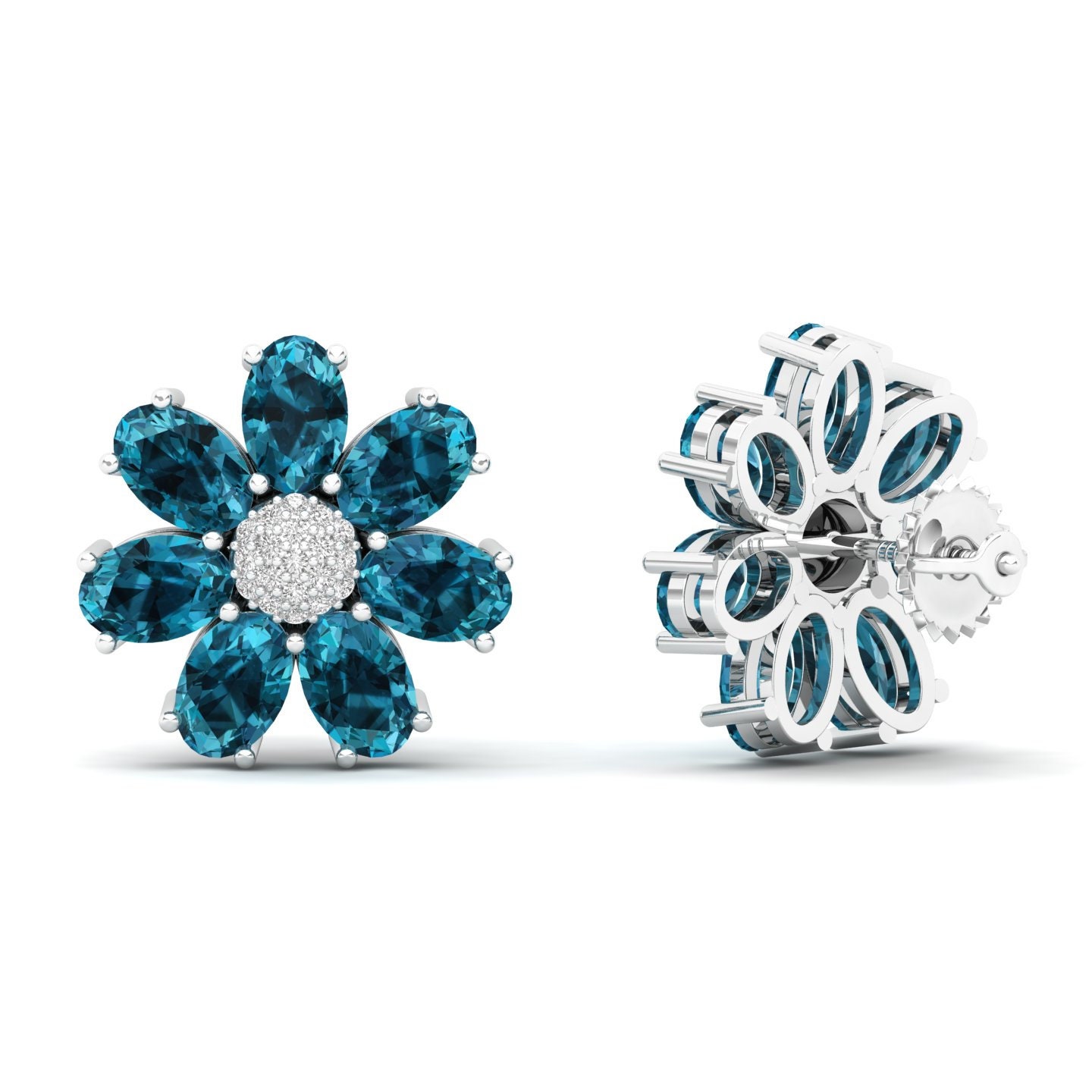 Natürlicher London Blue Topas Und 100 % Zertifizierter Diamant-Push-Back-Ohrringe Maurya Fleur von MauryaFineJewels