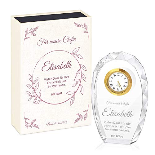 Maverton Glas-Statuette mit Uhr - Statuette mit Gravur - in personalisierter Box - Kristall Statuette - Uhr mit 3D-Gravur - für Frauen - Chefin - Blätter von Maverton