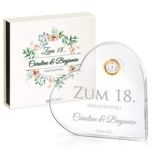 Maverton Glasherz mit Uhr - Gravur - im personalisiertem Box - Kristall Herz - Uhr aus Glas - für Paare - Ehepaare - Brautpaare - Blumenkranz von Maverton