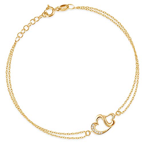 Maverton Herz Damen Armband Gold mit Doppelherzen + personalisierte Geschenkbox mit Gravur - Weihnachtsgeschenke - Goldenes Herzarmband für Frauen - Länge: 18-21cm - 8 oder 14 Karat von Maverton