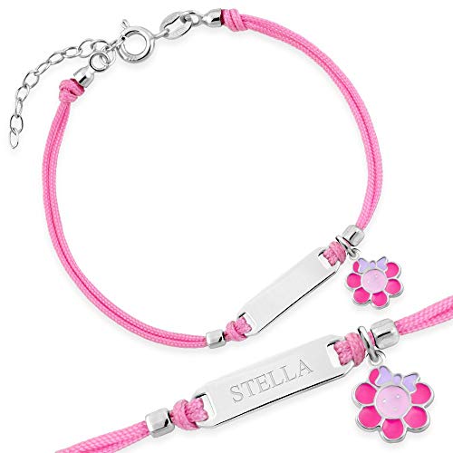Maverton Kinder ID Armband 925 Silber mit Gravur + personalisierte Geschenkbox - Baby Armkette mit Anhänger - Namensarmband für Mädchen zur Geburt zur Taufe - Länge: 13-16 cm - Rosa - von Maverton