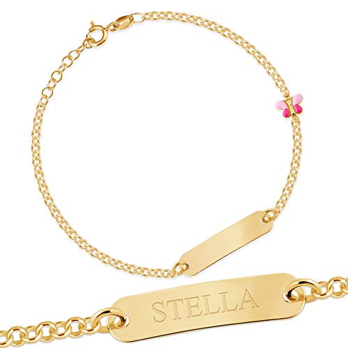 Maverton ID Kinder Armband in 925er Sterlingsilber vergoldet - mit Namen + personalisierte Geschenkbox mit Gravur - Weihnachtsgeschenke - Geschenk zur Geburt Taufe Geburtstag - Länge: 14-16 cm von Maverton