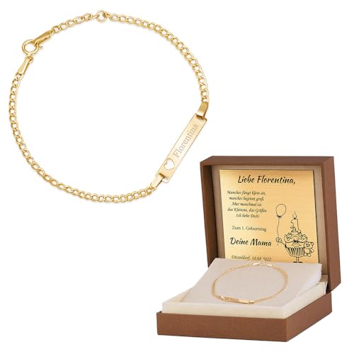 Maverton ID Kinderarmband 585 Gold mit Gravur mit Herzen + personalisierte Geschenkbox - Armband mit Namen und Datum zur Geburt zur Taufe - zum Geburtstag - Länge: 14-16 cm - 14 Karat von Maverton