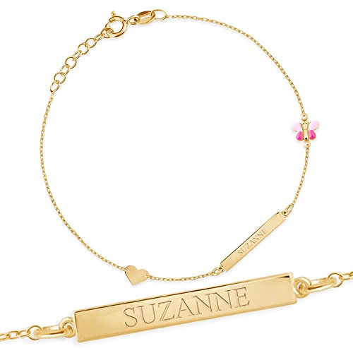 Maverton ID Kinderarmband 925 Silber - Namensarmband mit Schmetterling + personalisierte Geschenkbox mit Gravur - Namenskette zur Taufe zum Geburtstag - Länge: 13-17 cm - silber/vergoldet - vergoldet von Maverton