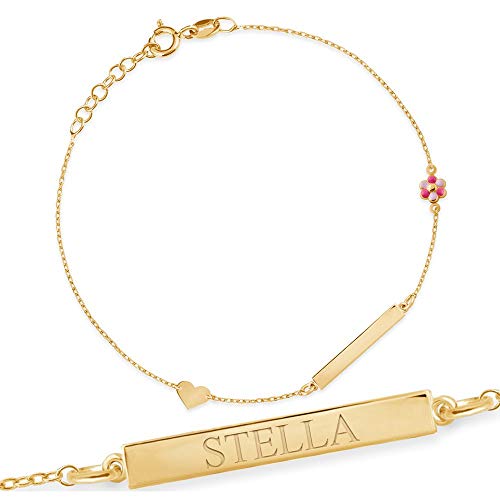 Maverton ID Kinderarmband 925 Silber mit Namen + personalisierte Geschenkbox mit Gravur - Armband mit Herzen und Blume - zur Geburt Taufe Geburtstag - Länge: 13-17 cm - silber/vergoldet - vergoldet von Maverton