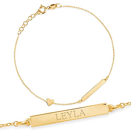 Maverton ID Kinderarmband Gold mit Herz und Namensplatte + personalisierte Geschenkbox mit Gravur - Armkette zur Geburt zur Taufe - Weihnachtsgeschenke - zum Geburtstag - Länge: 13-17 cm - 8 Karat von Maverton