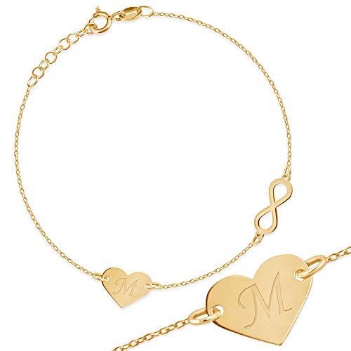 Maverton Initial Herz Damen Armband Gold - Armkette mit Buchstaben + personalisierte Geschenkbox mit Gravur - Goldenes Herzarmband für Frauen - Länge: 16-19 cm - 8 oder 14 Karat - 8 Karat von Maverton