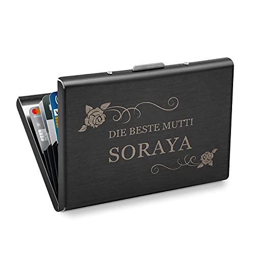 Maverton Kartenetui mit Gravur - für Kreditkarten + Visitenkarten - personalisiert - 5 Fächer - schwarz lackiert - Geburtstagsgeschenk für Frauen - Rosen von Maverton