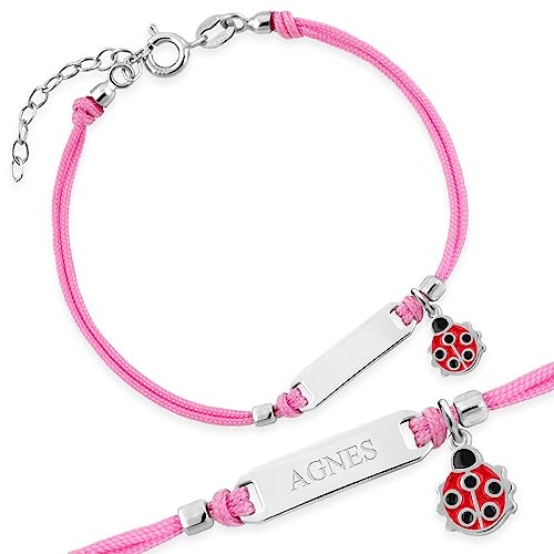 Maverton Kinder ID Armband 925 Silber mit Gravur + personalisierte Geschenkbox - Baby Armkette mit Anhänger - Namensarmband für Mädchen zur Geburt zur Taufe - Länge: 13-16 cm - Rosa - Marienkäfer von Maverton