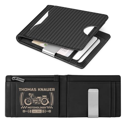 Maverton Slim Wallet mit Münzfach Schwarz - personalisierte Geldbörse Herren aus echtem Rindsleder - Carbon Design - Geschenke für Männer - Kartenetui für LKW- und Motorradfahrer von Maverton