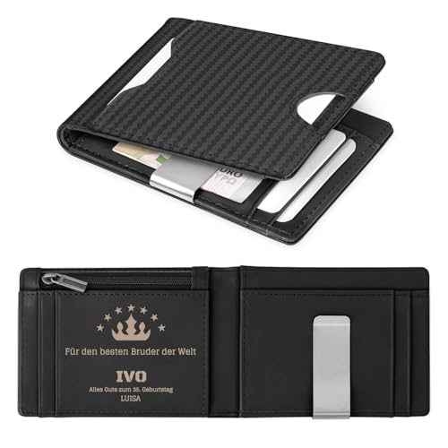 Maverton Slim Wallet mit Münzfach - Schwarze Geldbörse Herren aus Rindsleder - Carbon Design - personalisierte Geschenke für ihn - Geschenke für Männer zum Geburtstag von Maverton