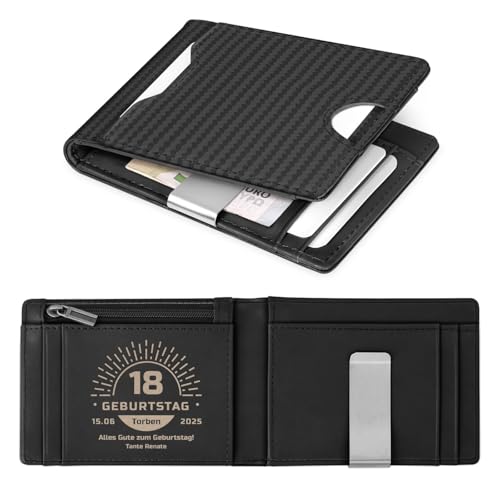 Maverton Slim Wallet mit Münzfach - Schwarze Geldbörse Herren aus Rindsleder - Carbon Design - personalisierte Geschenke für ihn - Geschenke für Männer zum Geburtstag von Maverton