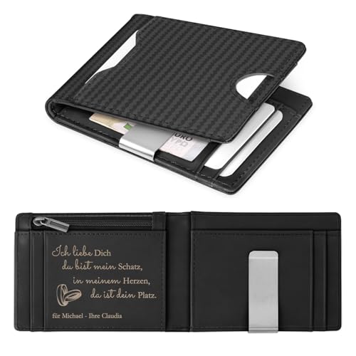 Maverton Slim Wallet mit Münzfach aus echtem Rindsleder - Geldbörse Herren für 9 Karten- Geschenke für Männer - personalisierte Geschenke für ihn zum Valentinstag- Carbon schwarz von Maverton