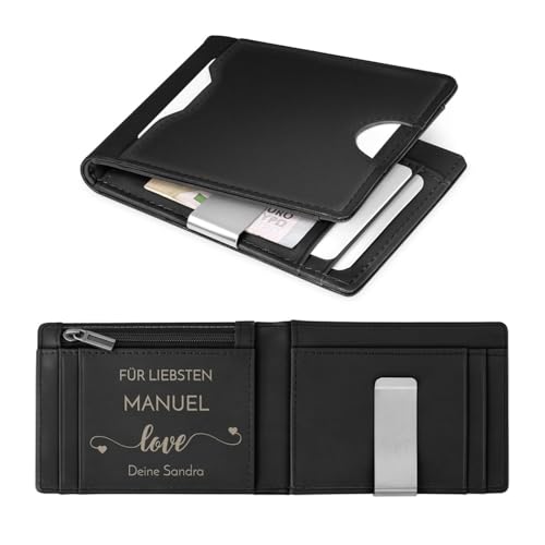 Maverton Slim Wallet mit Münzfach aus echtem Rindsleder - Geldbörse Herren für 9 Karten- Geschenke für Männer - personalisierte Geschenke für ihn zum Valentinstag- schwarz glatt von Maverton