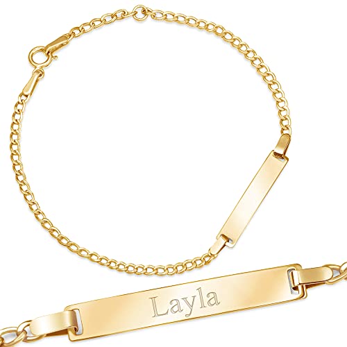 Maverton goldenes ID Kinderarmband mit Namen und Datum + personalisierte Geschenkbox mit Gravur - Weihnachtsgeschenke - Namensarmband für Kind zur Geburt zur Taufe - Länge: ca. 14-16 cm - 14 Karat von Maverton