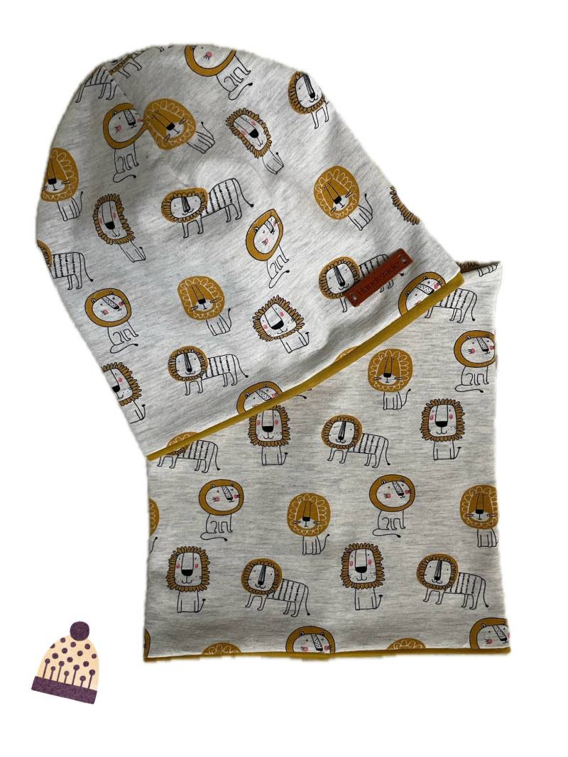 Coole Frühling Set Beanie Mütze Und Loop Jersey Grau Meliert Löwen Senfgelb von Maviluwelt
