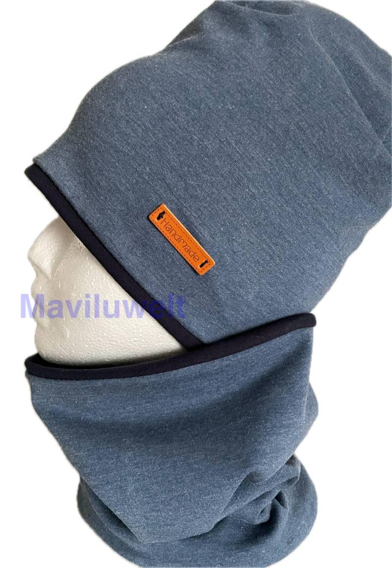 Frühling Set Jersey Beanie Mütze Und Loop Blau Meliert Dunkelblau Gr Wählbar von Maviluwelt