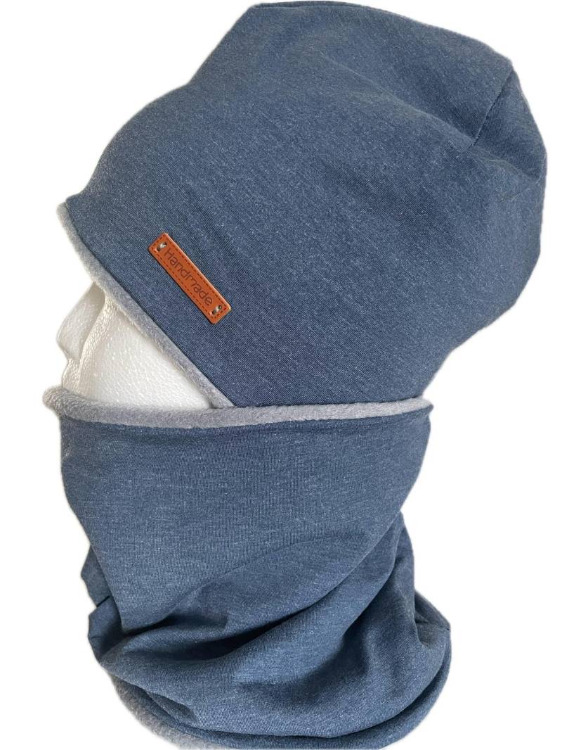 Coole Jungs Winterset Wintermütze Beanie Mütze Und Loop Jersey Blau Meliert Fleece Grau von Maviluwelt
