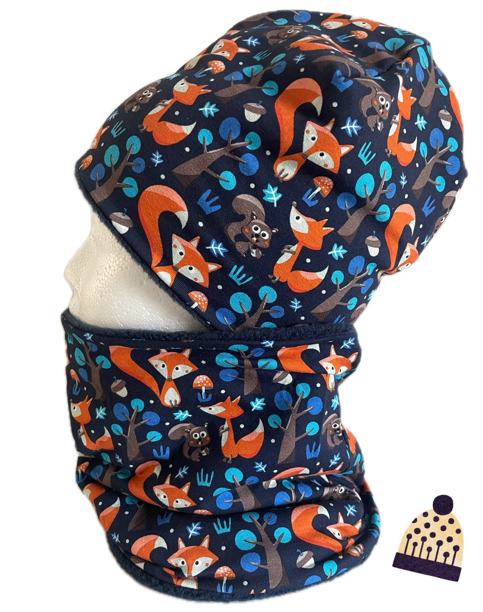 Coole Jungs Winterset Wintermütze Und Loop Jersey Füchse Polarfleece Dunkelblau von Maviluwelt