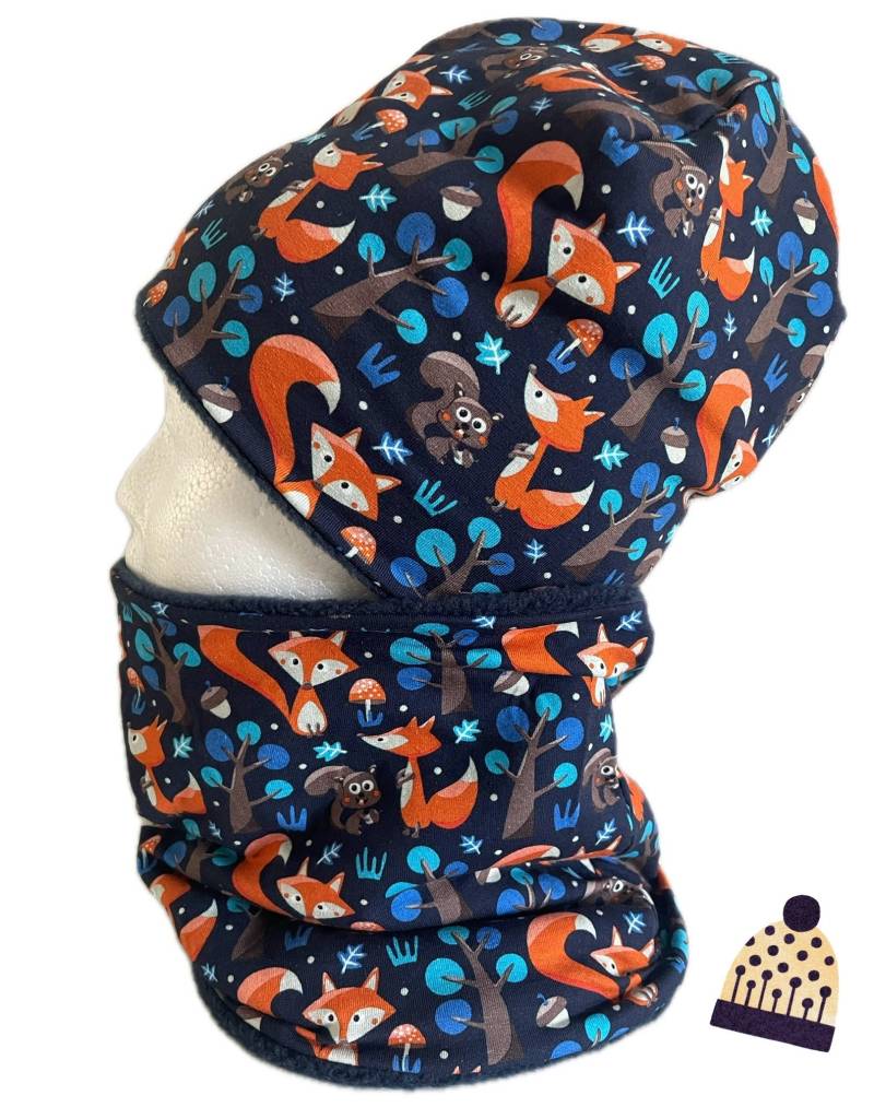 Coole Jungs Winterset Wintermütze Und Loop Jersey Füchse Polarfleece Dunkelblau von Maviluwelt