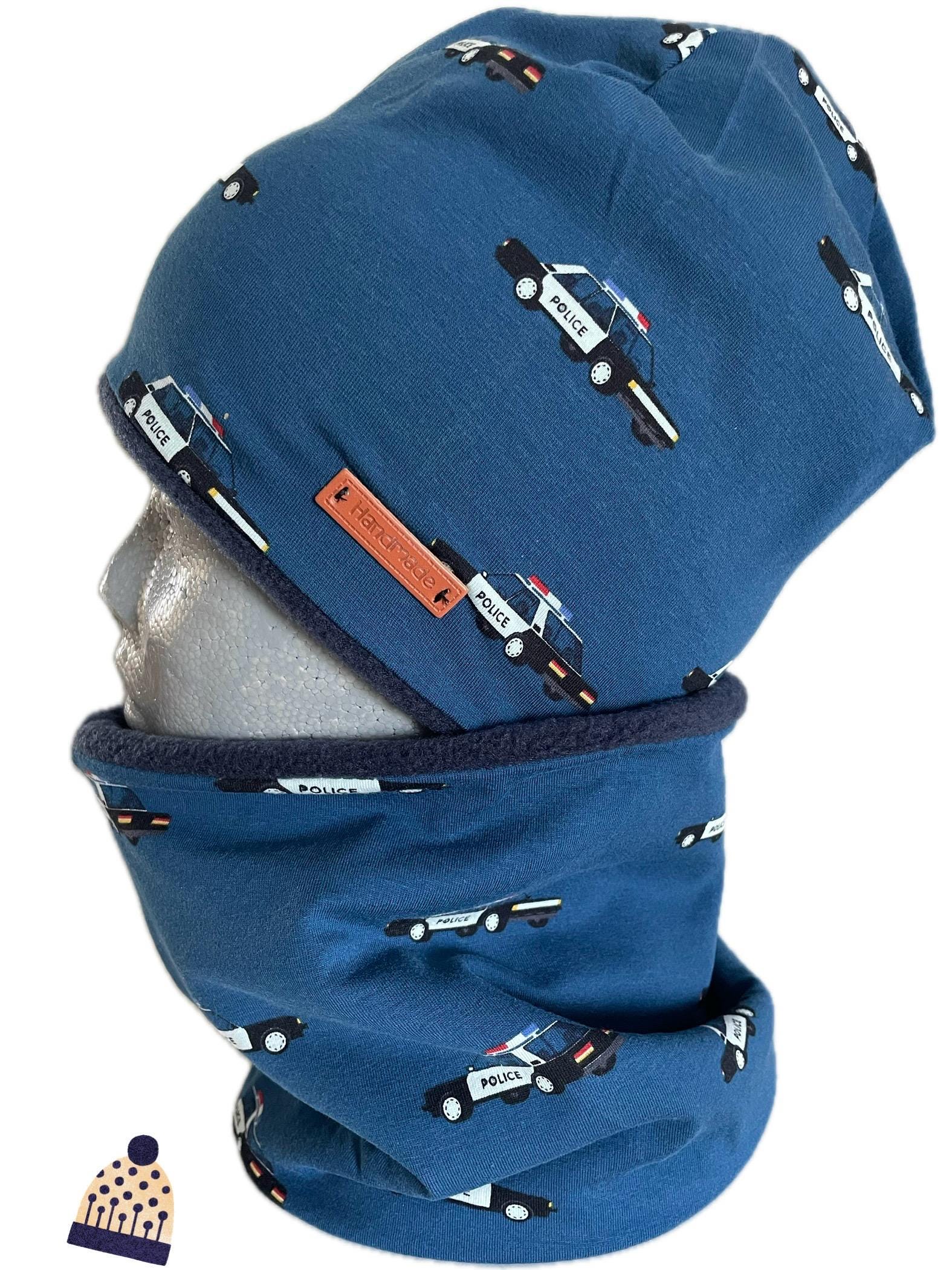 Coole Winter Set Mütze Benie Und Loop Baumwolljersey Dunkelblau Polizei Auto Fleece Gr Wählbar von Maviluwelt