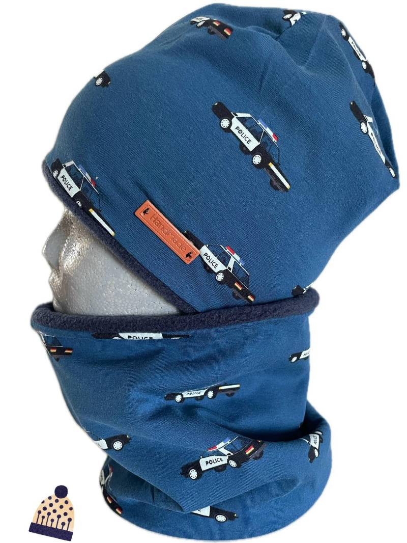 Coole Winter Set Mütze Benie Und Loop Baumwolljersey Dunkelblau Polizei Auto Fleece Gr Wählbar von Maviluwelt