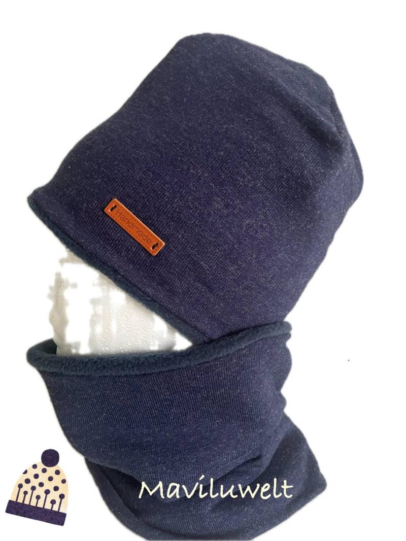 Coole Winter Set Mütze Und Loop Jersey Blau Meliert Polarfleece Dunkelblau Gr Wählbar von Maviluwelt