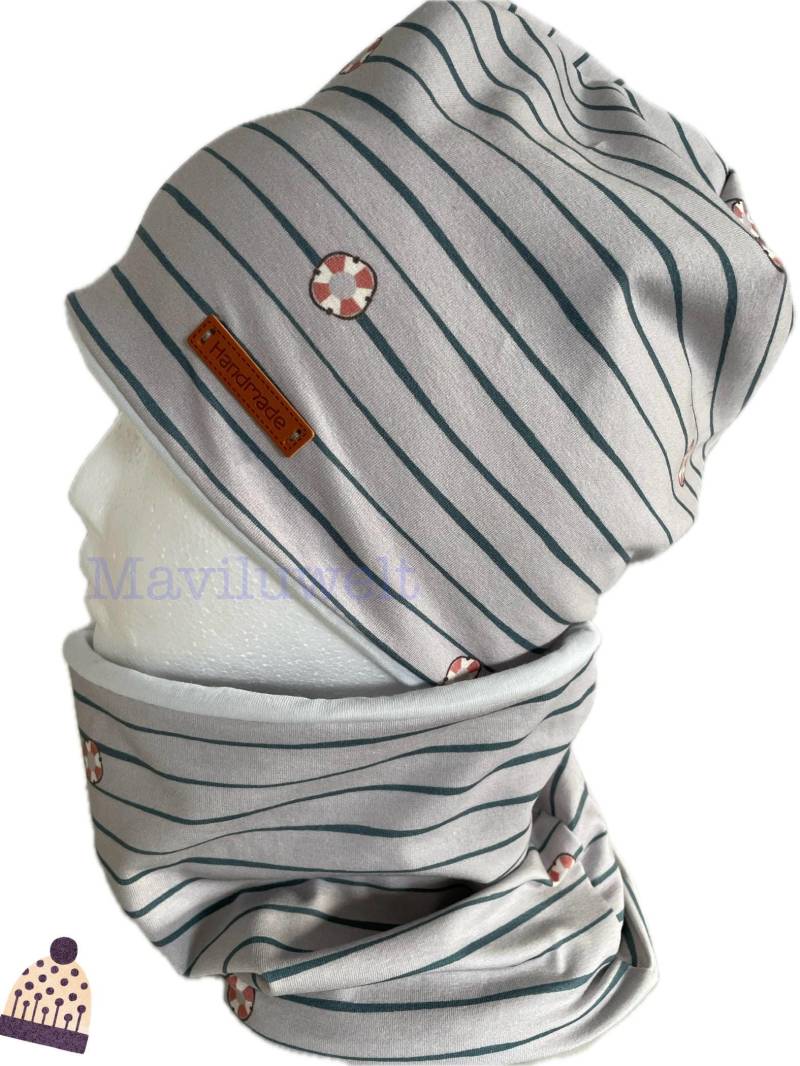 Neu Frühling Set Mütze Und Loop Jersey Grau Blau Gestreift von Maviluwelt