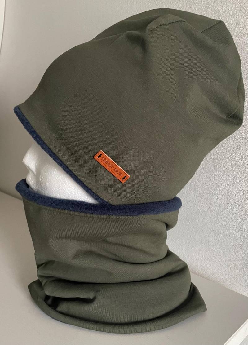 Winterset Wintermütze Mütze Und Loop Jersey Olivgrün Polarfleece Dunkelblau Gr Wählbar von Maviluwelt