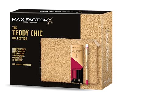 Max Factor, Geschenkbox für Damen, Teddy Chic, Clutch aus weichem Teddy-Stoff mit Lippenstift Lipfinity 335 Just In Love + Colour Elixir Lippenstift 45 Rosy Berry von Max Factor