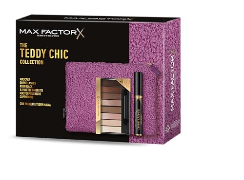 Max Factor, Geschenkbox für Damen, Teddy Chic, Clutch aus weichem Teddy-Stoff mit Mascara Divine Lashes + Lidschatten-Palette Masterpiece Nude Cappuccino von Max Factor