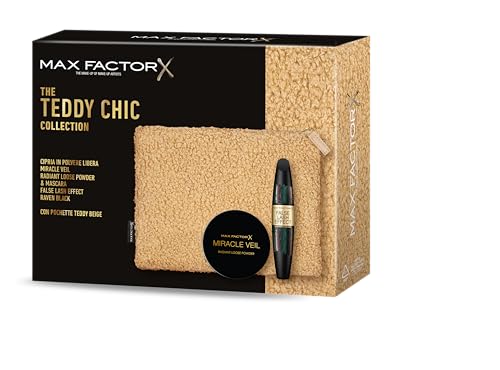 Max Factor, Geschenkbox für Damen, Teddy Chic, Clutch aus weichem Teddy-Stoff mit Mascara False Lash Effect Raven Black + Puder Miracle Veil von Max Factor