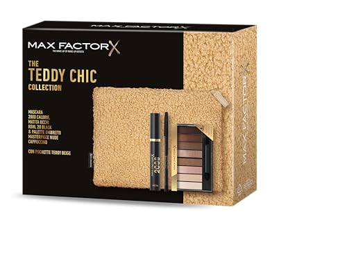 Max Factor, Geschenkbox für Damen Teddy Chic, Clutch aus weichem Teddy-Stoff mit Mascara 2000 Cal Black + Augenstift Khol Kajal 20 Black + Lidschatten-Palette Masterpiece Nude Cappuccino von Max Factor