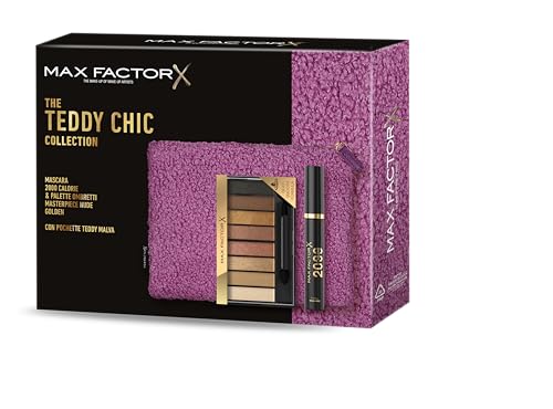 Max Factor, Geschenkbox für Damen Teddy Chic, Clutch aus weichem Teddy-Stoff mit Mascara 2000 Cal Black + Lidschatten-Palette Masterpiece Nude Palette Golden von Max Factor
