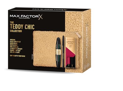 Max Factor, Geschenkbox für Damen Teddy Chic, Tasche aus Morbito Stoff Teddy mit Mascara False Lash Effect Raven Black + Augenstift Khol Kajal 20 Black + Lippenstift Lipfinity 335 Just In Love von Max Factor