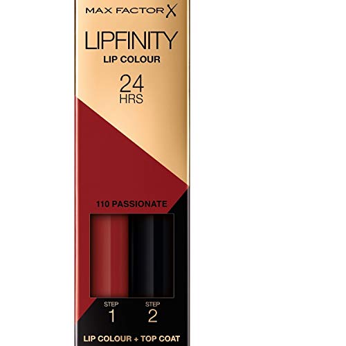 Max Factor Lipfinity Lip Colour Passionate 110 – Kussechter Lippenstift mit 24h Halt ohne auszutrocknen, mit intensiver Farbabgabe, präzisem Applikator & intensiv pflegendem Gloss-Top Coat von Max Factor