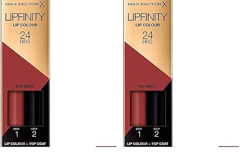 Max Factor Lipfinity Lip Colour Spicy 70 – Kussechter Lippenstift mit 24h Halt ohne auszutrocknen, mit intensiver Farbabgabe, präzisem Applikator & intensiv pflegendem Gloss-Top Coat, 4.2g (2er Pack) von Max Factor