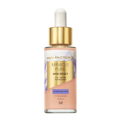 Max Factor Miracle Pure Skin Reset Foundation, 2-in-1 Serum und flüssige Foundation, natürliche Deckkraft mit mattem Finish, Reset-Komplex, Fb. 10-30 Fair von Max Factor